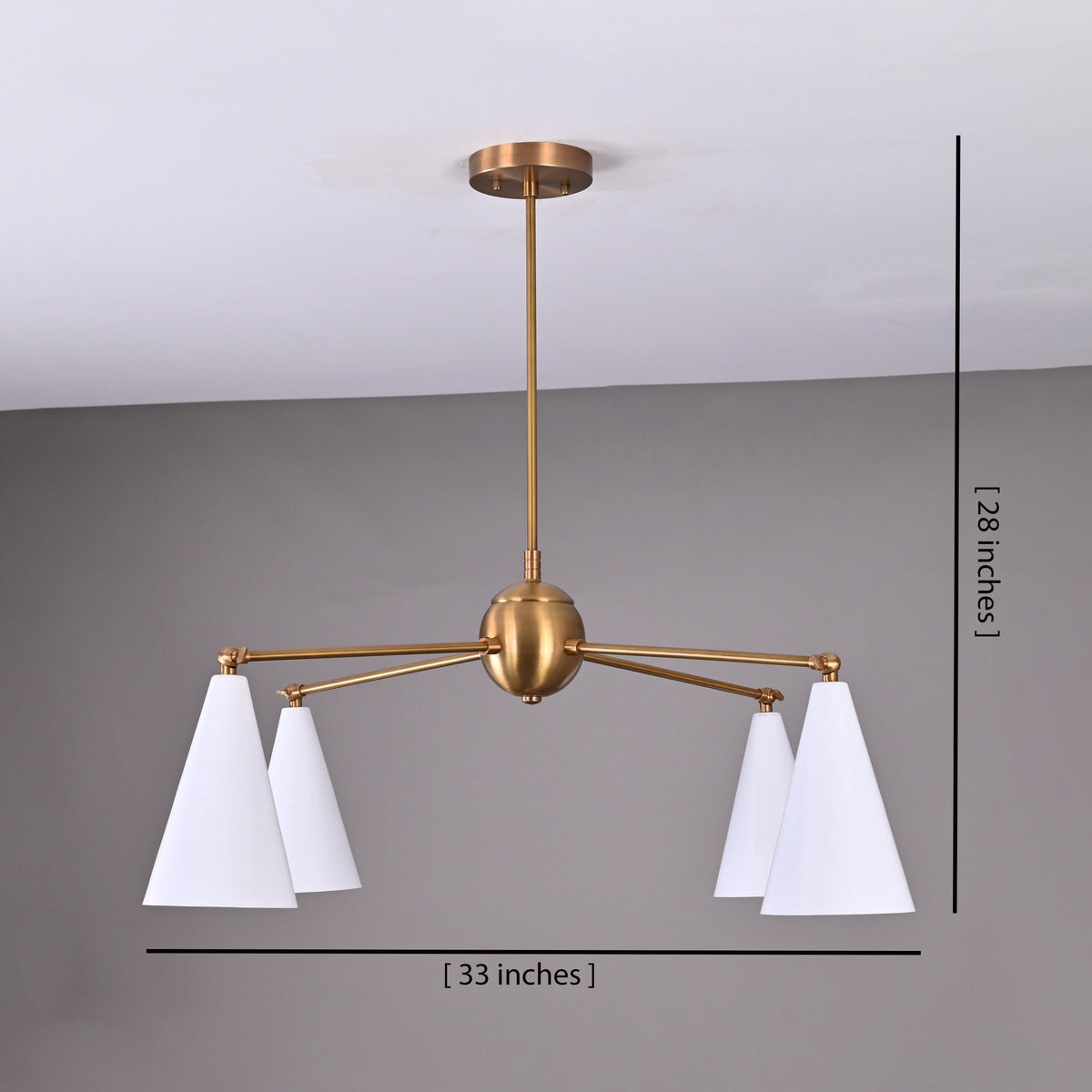4-light mid-century brass chandelier with white cone shades, ceiling-mounted modern lighting fixture.