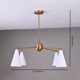 4-light mid-century brass chandelier with white cone shades, ceiling-mounted modern lighting fixture.