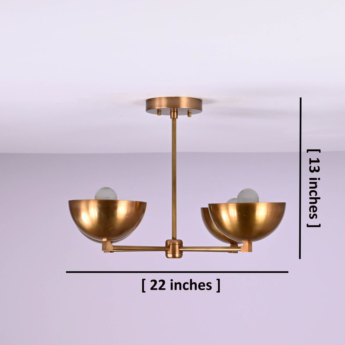 4 bowl brass chandelier shown with dimensions, measuring 22 inches wide and 13 inches high, suitable for flush mount ceiling installations.