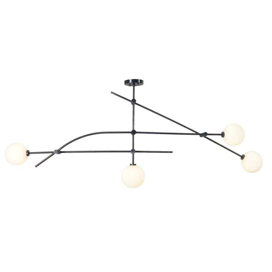 Modern 4-globe brass chandelier with opal glass globes and minimalist black frame by Brass Leaf Studio