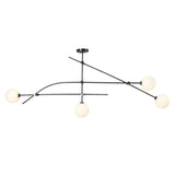 Modern 4-globe brass chandelier with opal glass globes and minimalist black frame by Brass Leaf Studio