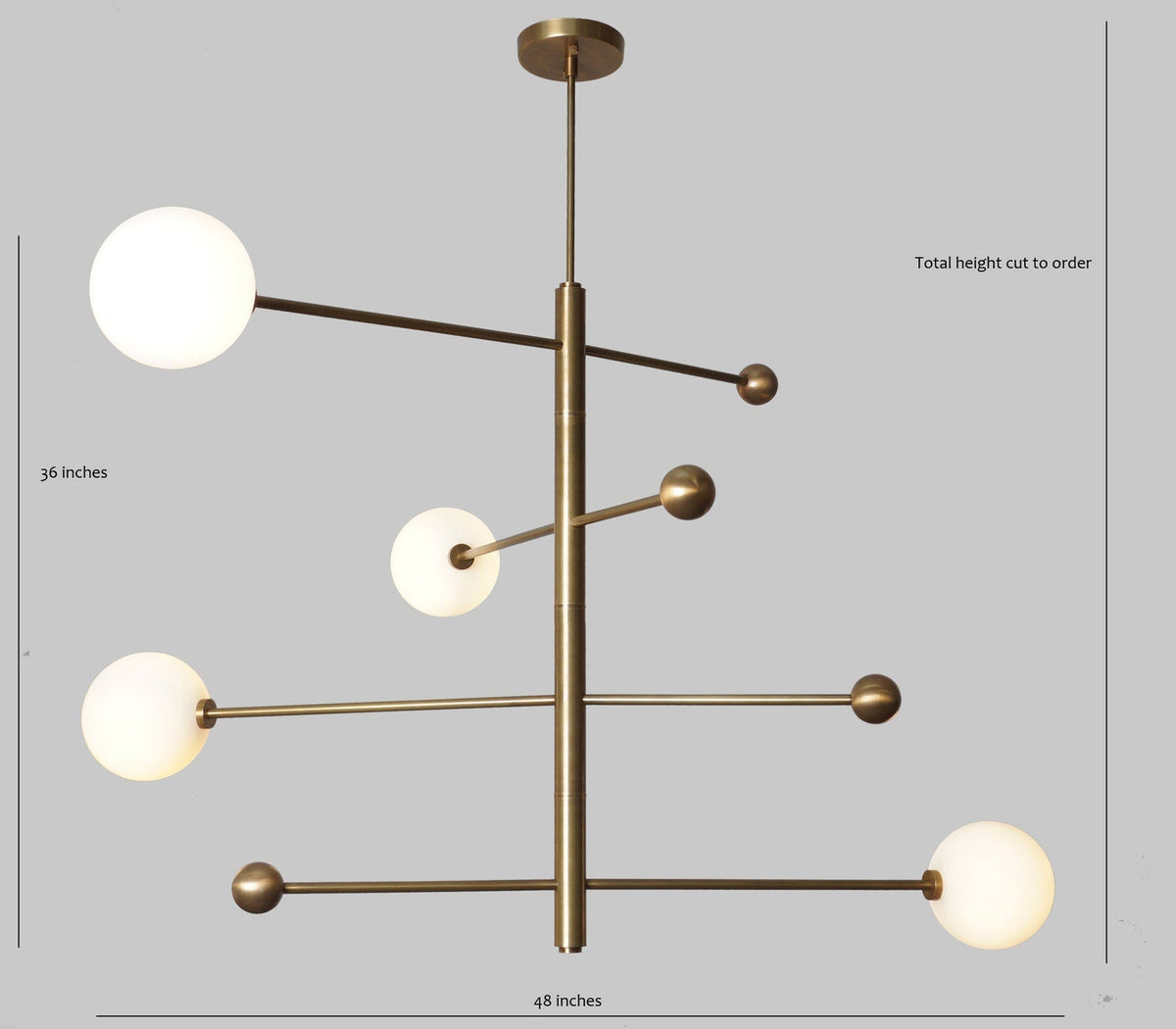 Dimension guide view of 4 Light Brass Globe Chandelier – 48 inches wide and 36 inches high – adjustable handmade brass ceiling light
