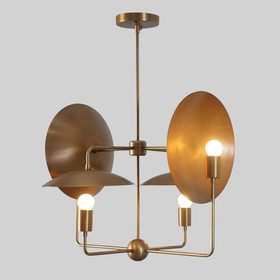 4 Light Dual Disc Brass Chandelier featuring sculptural brass discs and exposed bulbs – handcrafted modern ceiling light by Brass Leaf Studio