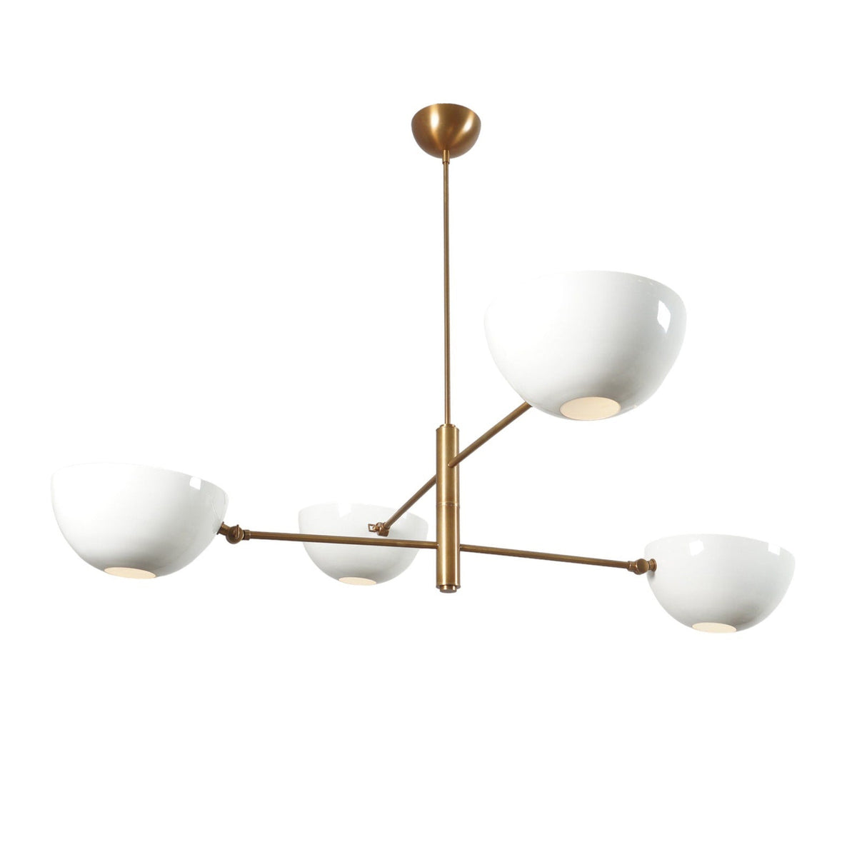 Elegant white bowl shade brass chandelier in modern mid-century style with 4 balanced arms