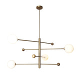 4 Light Modern Brass Globe Chandelier with opal glass shades and brushed brass rods in a balanced linear design by Brass Leaf Studio