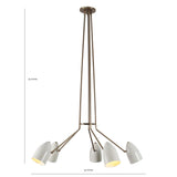 5 Cone Shade Brass Chandelier showing dimensions of 34-inch width and 45-inch height – handcrafted modern pendant light by Brass Leaf Studio