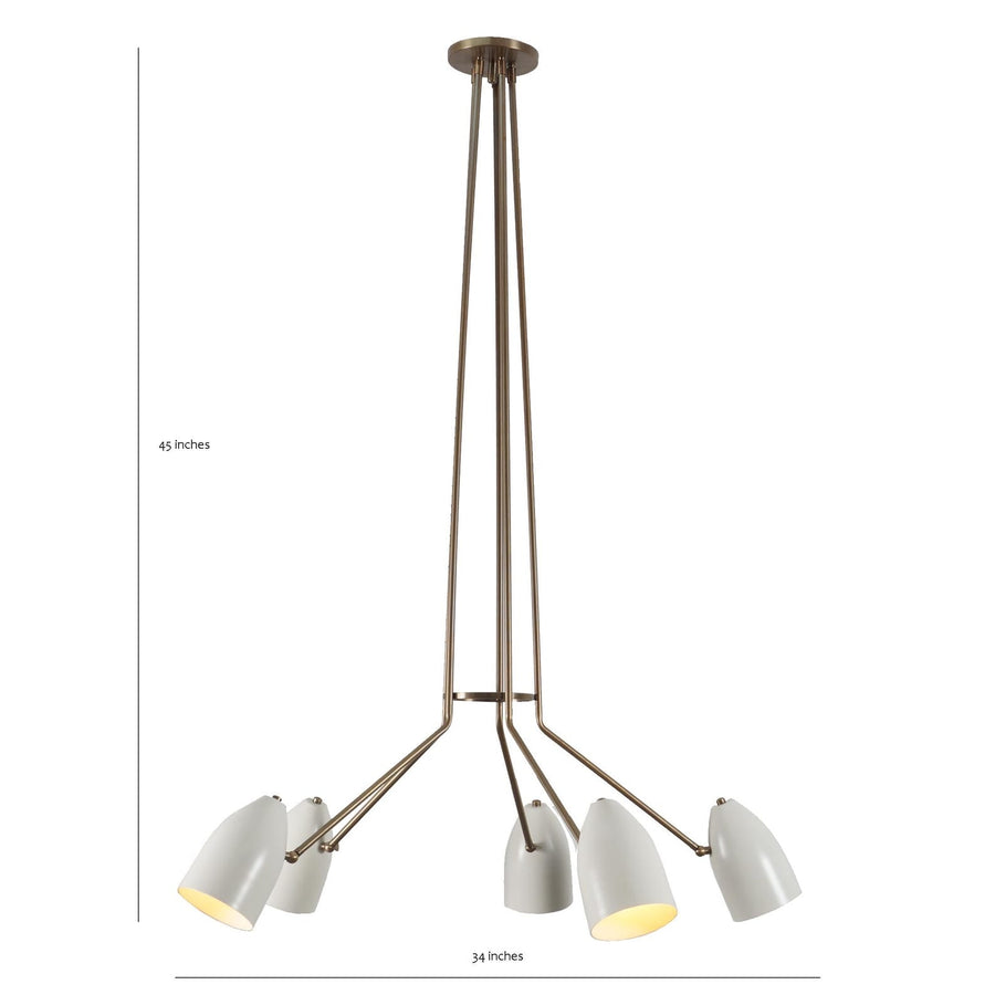 5 Cone Shade Brass Chandelier with elongated brass rods and white cone shades – modern pendant ceiling light by Brass Leaf Studio