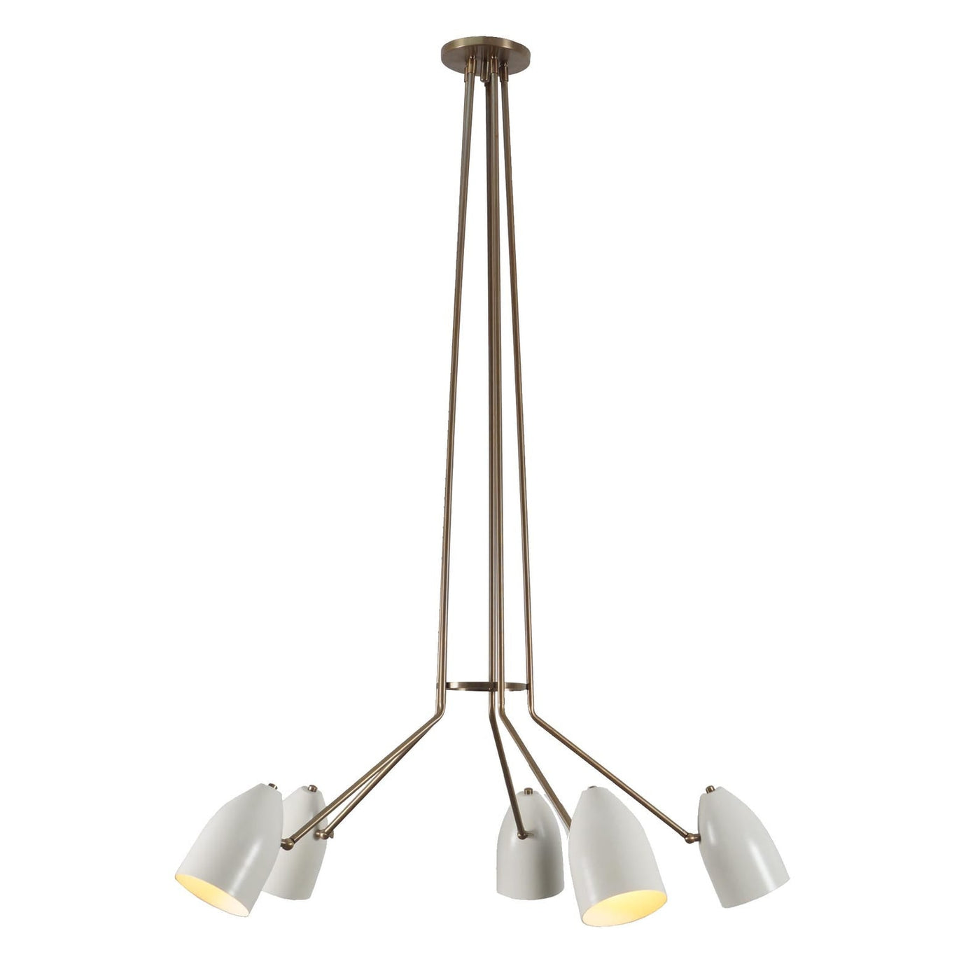 5 Cone Shade Brass Chandelier with elongated brass rods and white cone shades – modern pendant ceiling light by Brass Leaf Studio