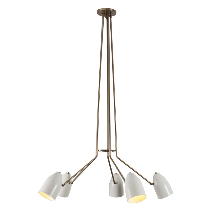5 Cone Shade Brass Chandelier with elongated brass rods and white cone shades – modern pendant ceiling light by Brass Leaf Studio