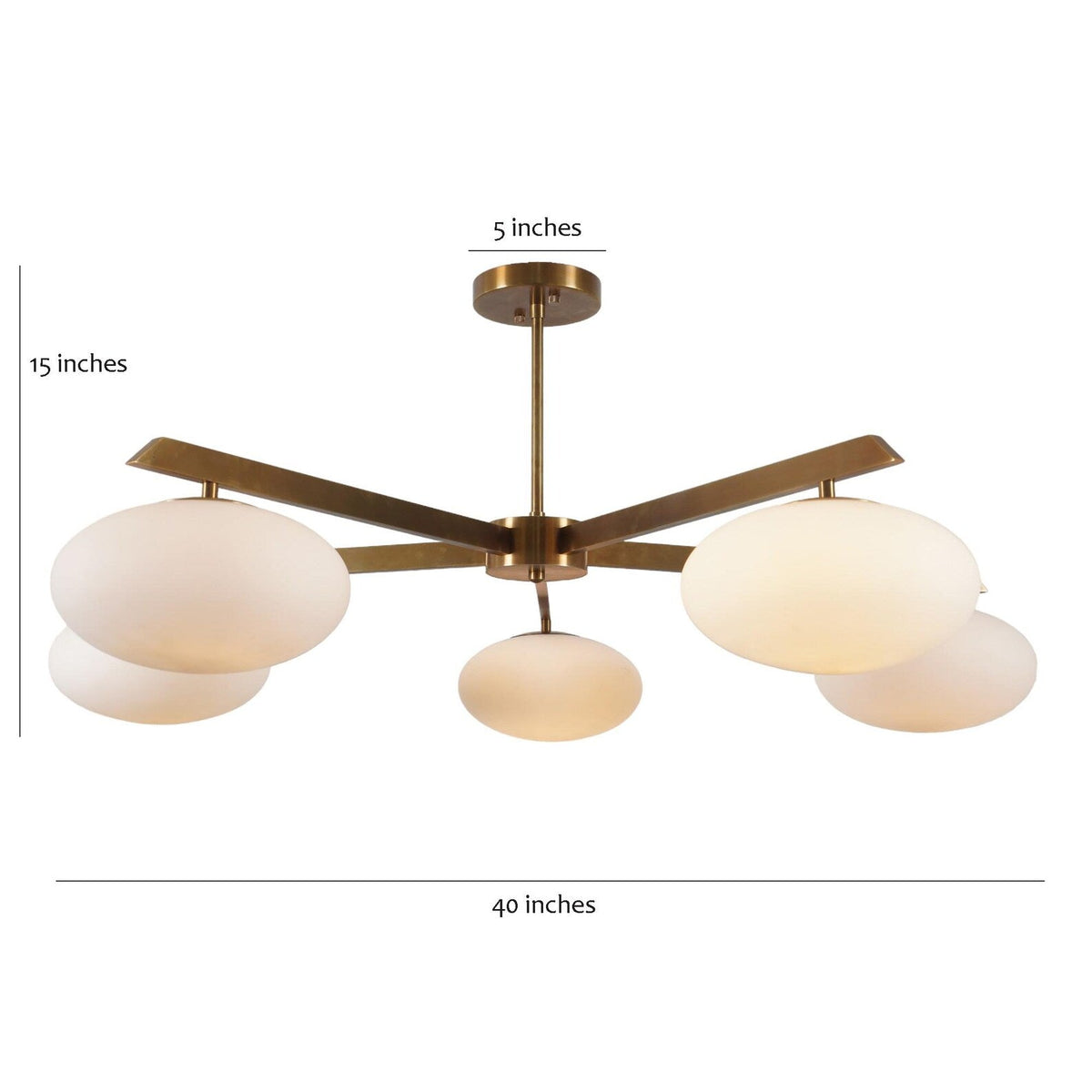 5 Globe Brass Chandelier with dimensions 40-inch width and 15-inch height – modern frosted glass ceiling light by Brass Leaf Studio