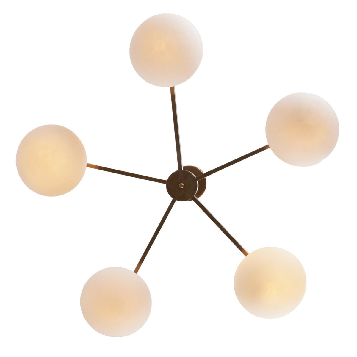 Top view of 5 Globe Brass Chandelier showing symmetrical brass arms and frosted glass globes – elegant modern lighting design