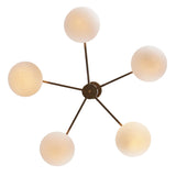 Top view of 5 Globe Brass Chandelier showing symmetrical brass arms and frosted glass globes – elegant modern lighting design