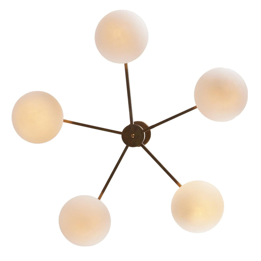 5 Globe Brass Chandelier with frosted glass globes and brushed brass frame – modern ceiling light handcrafted by Brass Leaf Studio