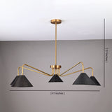 Dimension view of 5-light brass cone chandelier measuring 41 inches wide and 27 inches tall with perforated matte-black cone shades.