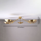 5-light brushed brass flushmount chandelier showing 55-inch width and 10-inch height dimensions with bowl-shaped shades.