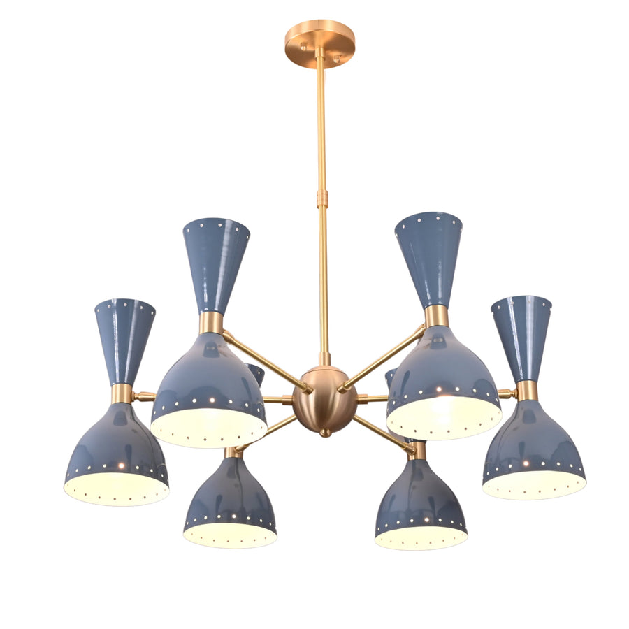 Angled view of 6 Brass Diabolo 12-light chandelier featuring solid brass arms and sculptural diabolo metal shades