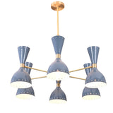 Bottom view of 6 Brass Diabolo chandelier showing warm ambient light diffusion and perforated metal shades