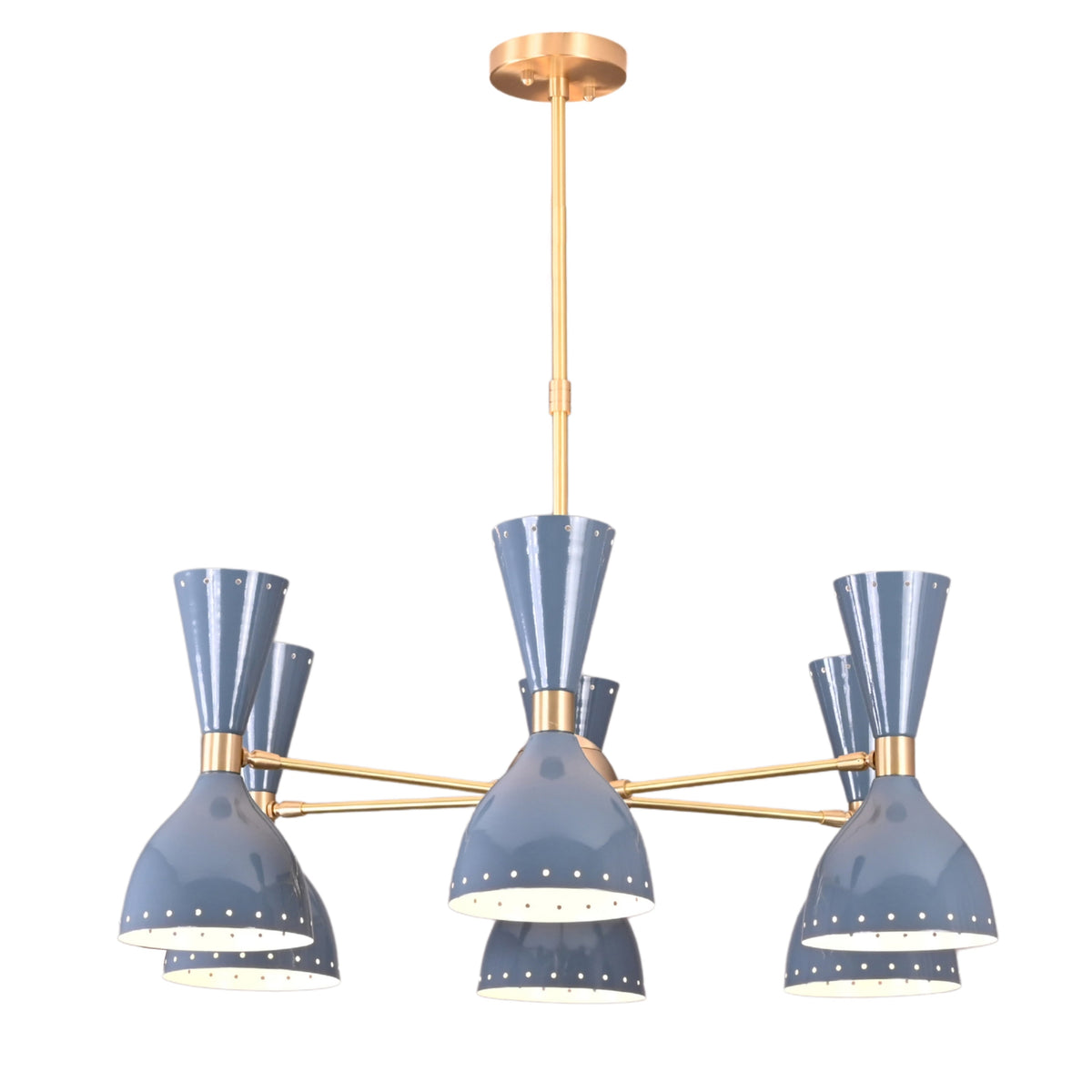 Top view of 6 Brass Diabolo 12-light chandelier with symmetrical brass arm layout and modern industrial design