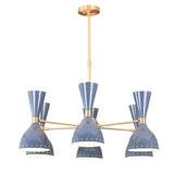 Top view of 6 Brass Diabolo 12-light chandelier with symmetrical brass arm layout and modern industrial design