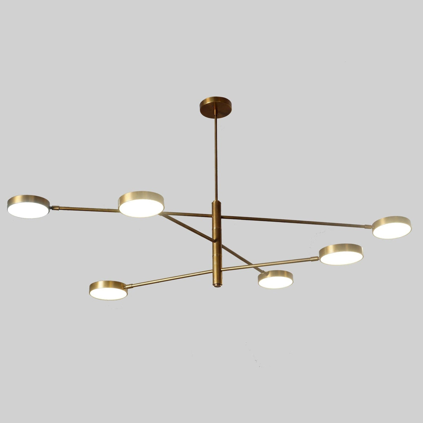 6 Disc Arm Brass Chandelier with sleek linear brass structure and round diffused lights – modern handmade ceiling fixture by Brass Leaf Studio