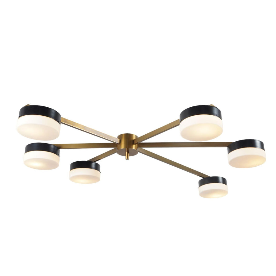 6 Disc Brass Chandelier in brushed brass finish with black and white disc shades – modern flushmount ceiling light by Brass Leaf Studio
