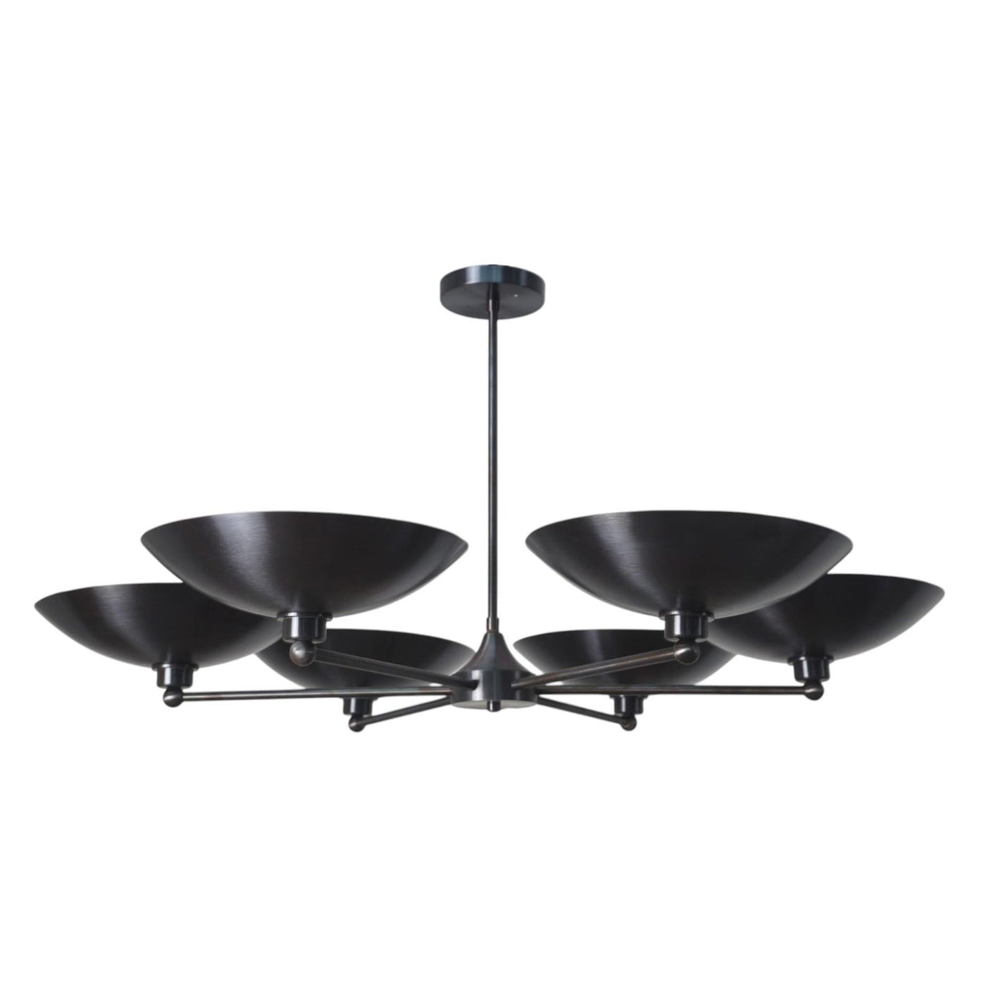 6 Light Blackened Brass Bowl Chandelier with sculptural wide brass shades and central stem – modern handcrafted ceiling light by Brass Leaf Studio