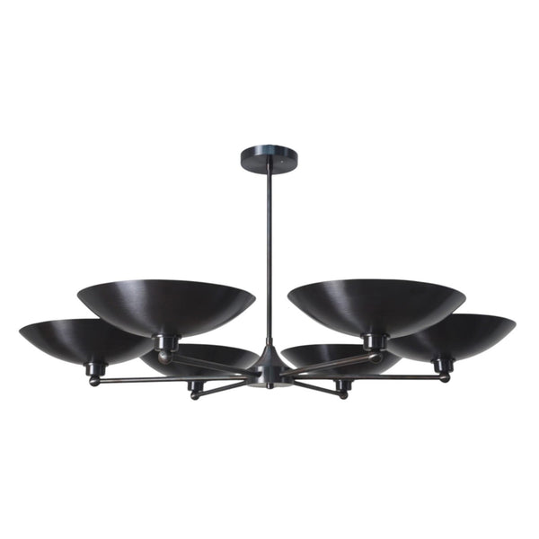 6 Light Blackened Brass Bowl Chandelier with sculptural wide brass shades and central stem – modern handcrafted ceiling light by Brass Leaf Studio