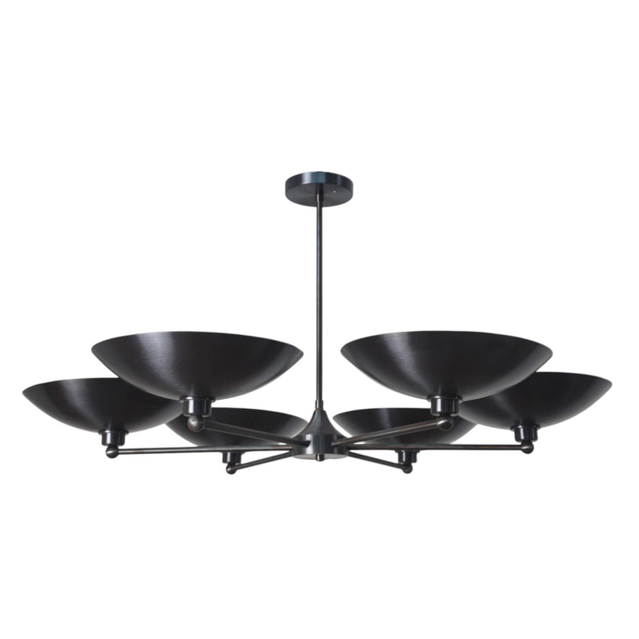 6 Light Blackened Brass Bowl Chandelier with sculptural wide brass shades and central stem – modern handcrafted ceiling light by Brass Leaf Studio