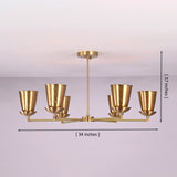 6 light brass cone shade chandelier showing 34 inch width and 17 inch height dimensions, customizable handcrafted ceiling light by Brass Leaf Studio.