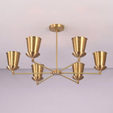 Angled view of handcrafted 6 light brass cone shade chandelier with symmetrical arms and minimalist industrial design.