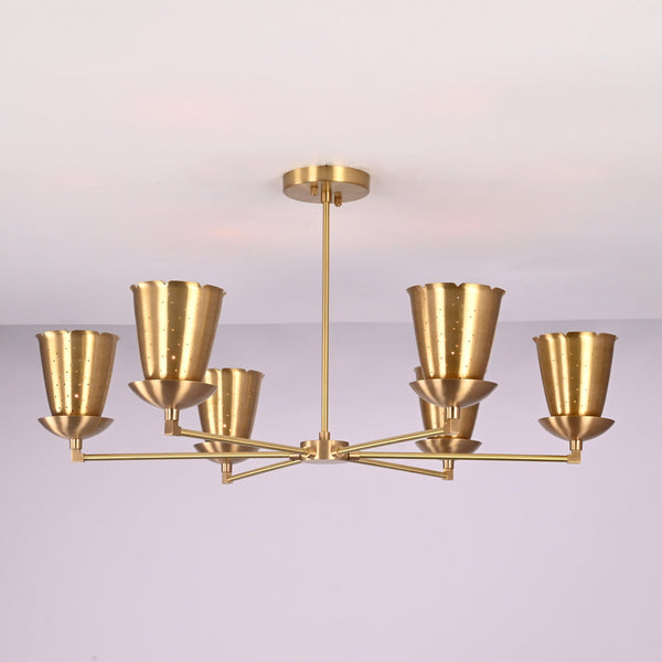 Front view of 6 light brass cone shade chandelier with sculpted arms and brushed brass finish, handcrafted by Brass Leaf Studio for warm ambient lighting.