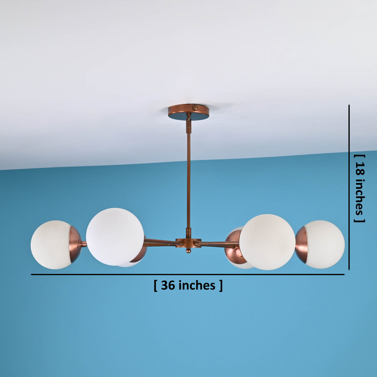 6 light glass globe brass chandelier dimensions showing 36 inch width and 18 inch height with balanced modern silhouette