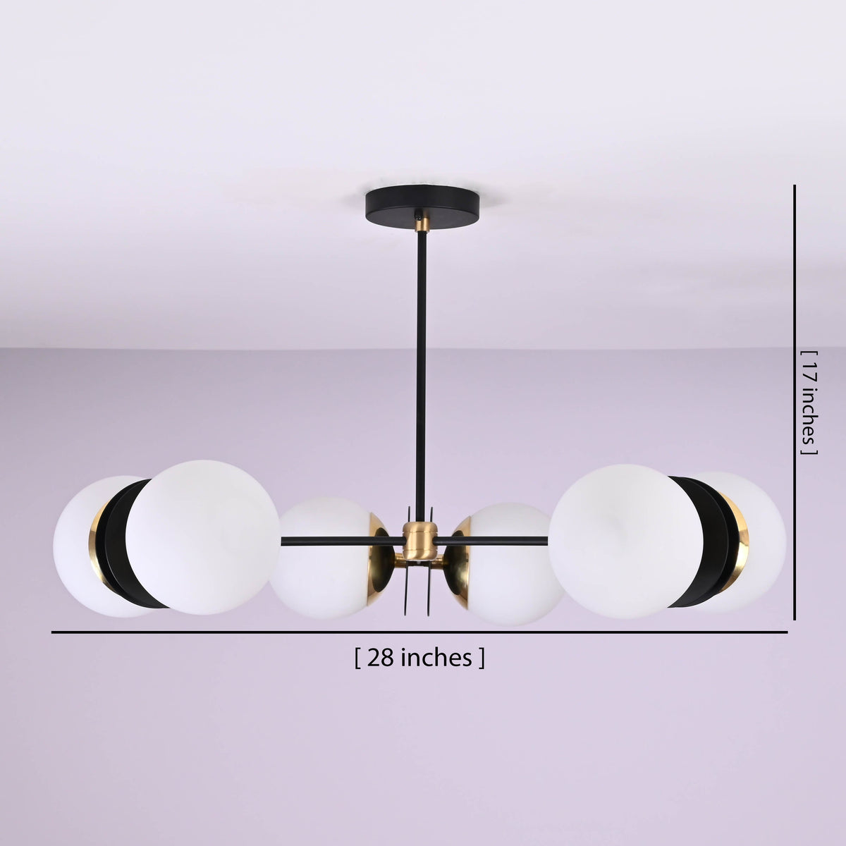 Modern 6-light opal glass globe brass chandelier showing dimensions of 28 inches wide and 17 inches high.