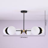 Modern 6-light opal glass globe brass chandelier showing dimensions of 28 inches wide and 17 inches high.