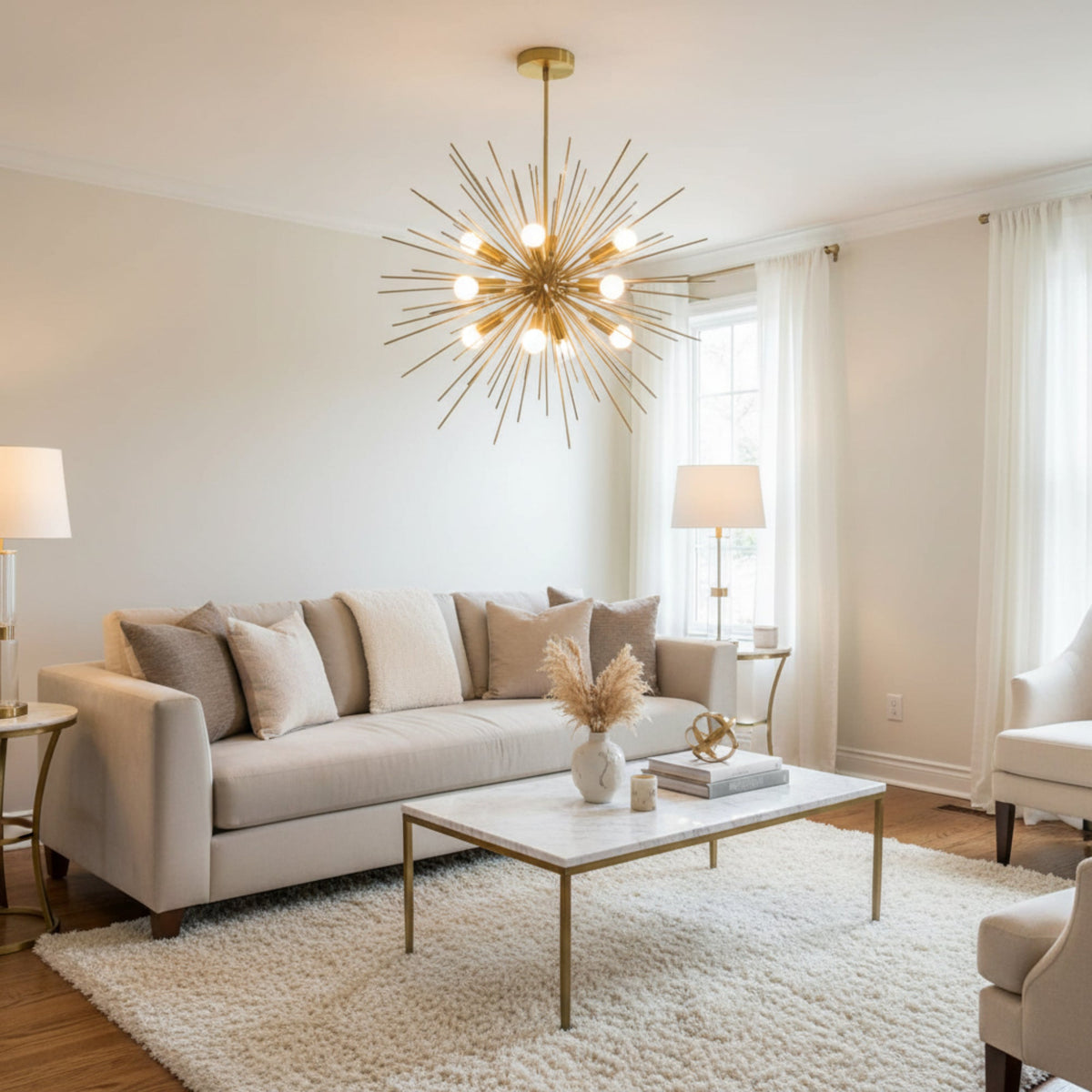 A modern suncatcher chandelier with a gold-finished metal frame, featuring multiple thin radiating rods and white frosted globe bulbs, suspended from a matching circular ceiling canopy against a solid white background.