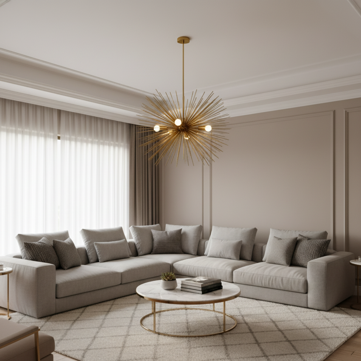 A mid-century modern sushbire-style pendant light in polished brass with two white globe bulbs, suspended against a solid white background.