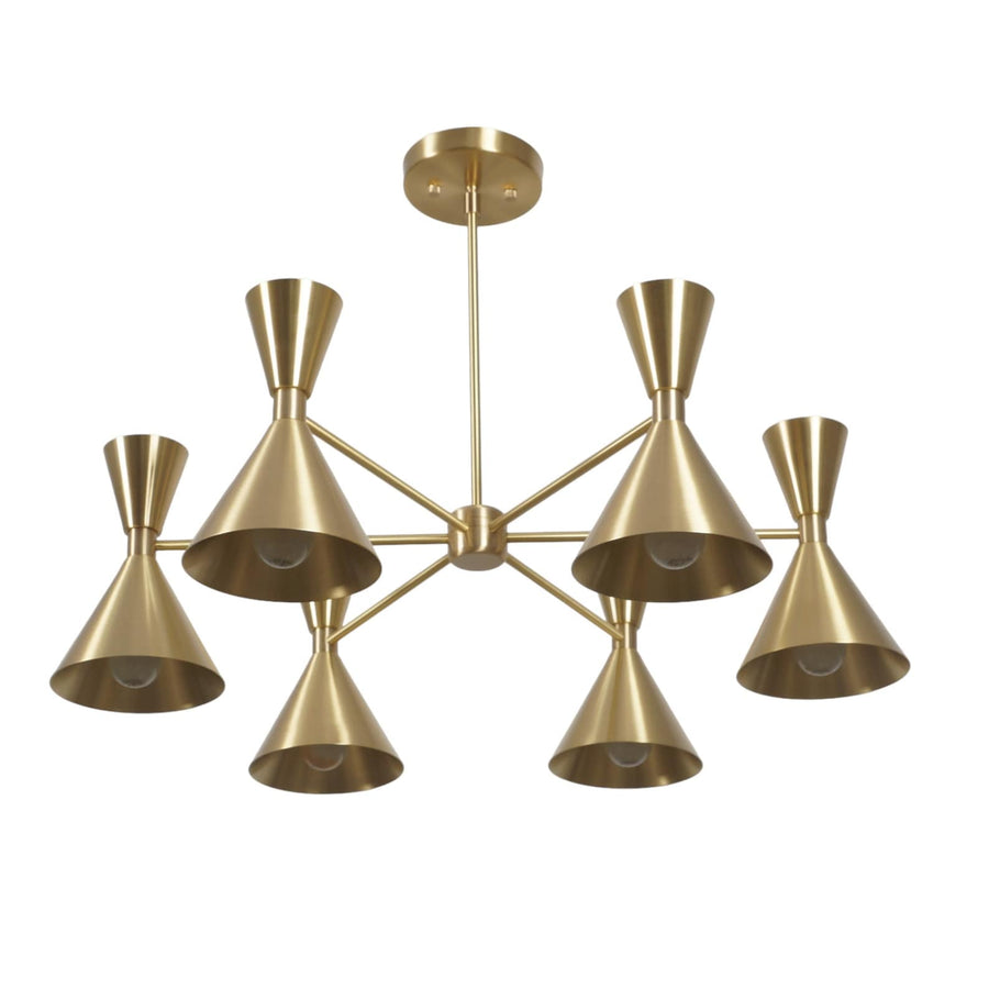 6-light double cone modern chandelier in brushed brass finish, handmade by Brass Leaf Studio