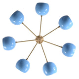 Bottom view of 7 bowl brass chandelier highlighting radial arm layout and blue glass bowls