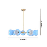 7 bowl brass chandelier showing 30 inch width and 28 inch height with blue glass shades and brushed brass finish