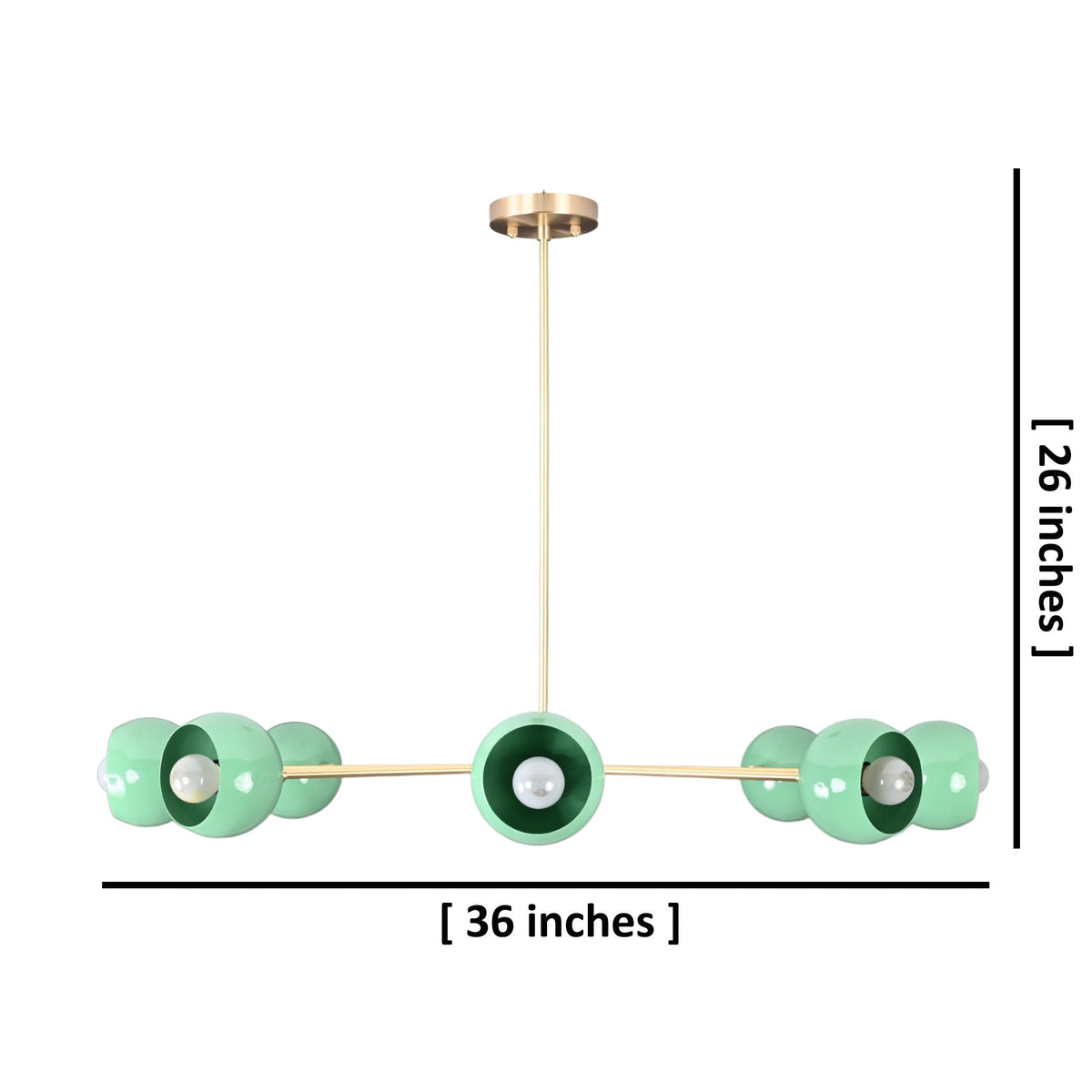 Side view of 7 bowl green brass chandelier showing 36 inch width and 26 inch height with solid brass construction