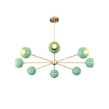 7 bowl green brass sputnik chandelier with brushed brass finish featuring modern bowl shades and balanced radial arms by Brass Leaf Studio
