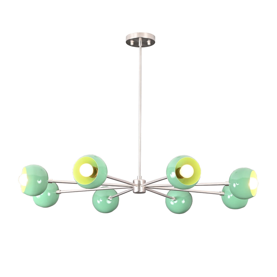 7 bowl green sputnik chandelier shown in chrome finish with modern industrial styling and solid metal arms