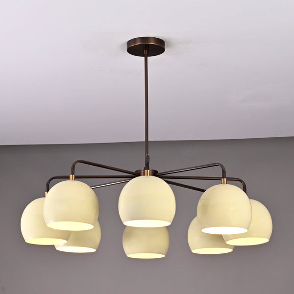 Front view of handcrafted 8-light brass chandelier with ivory bowl shades and bronze finish by Brass Leaf Studio.