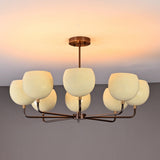 Straight-on e-commerce angle showing 8-light brass chandelier with modern bowl shades and sleek metal arms.