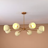 8-light modern brass chandelier with cream dome shades, handcrafted ceiling light by Brass Leaf Studio