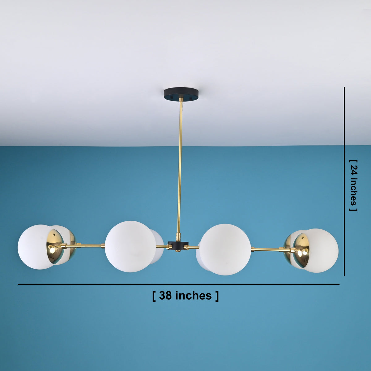 8-light brass globe chandelier showing 38-inch width and 24-inch height dimensions with opal glass globes and linear brass arms.