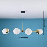 8-light brass globe chandelier showing 38-inch width and 24-inch height dimensions with opal glass globes and linear brass arms.