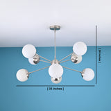 8 light brass globe chandelier showing 35 inch width and 24 inch height with modern mid century design