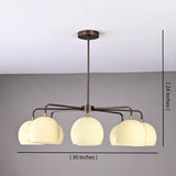 Modern 8-light brass chandelier showing 30-inch width and 24-inch height dimensions with cream bowl-shaped shades.