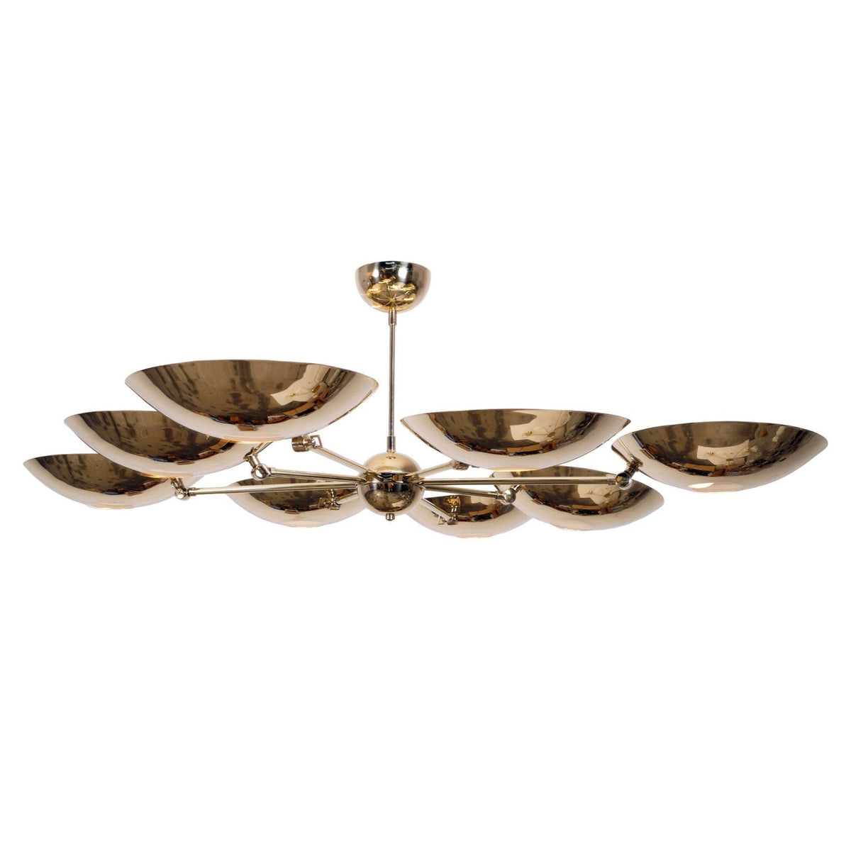 Side view of 8 Light Polished Brass Bowl Chandelier showing elegant reflective brass bowls and balanced modern structure